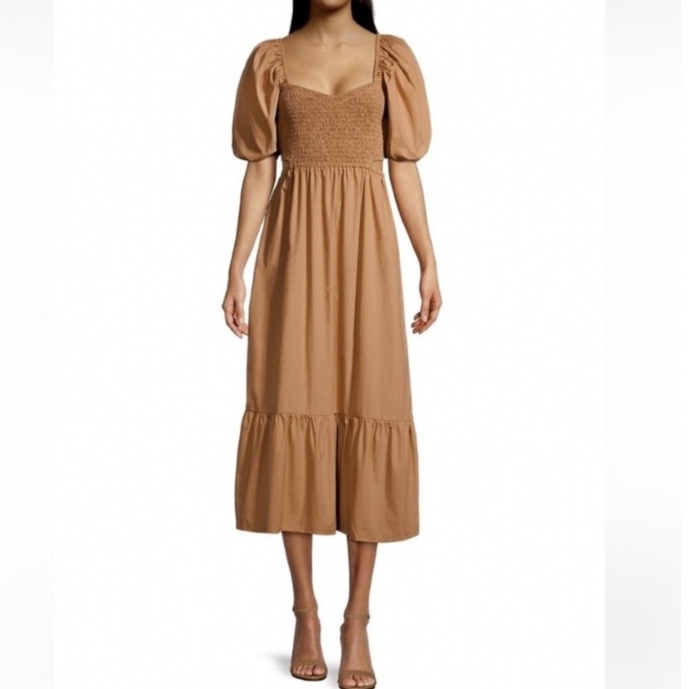 Faithfull The Brand Bloom Midi Dress Hazelnut Tan Cutout Puff Sleeve Size 6